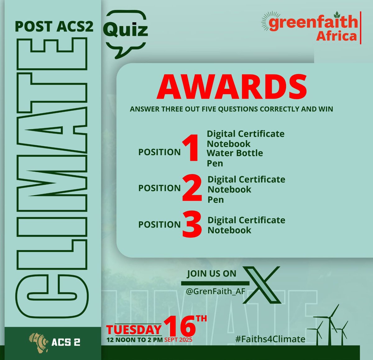 Were you at or  following the Climate Summit discussions  at #ACS2? 🌍✨

We are  hosting a quick X Quiz Session to test your climate knowledge &amp; share key takeaways.

Join the conversation, learn, engage and Win.
#Faiths4Climate