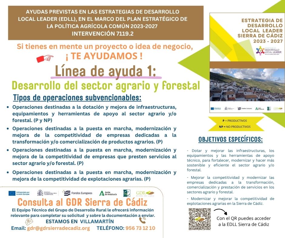 ➡️¡Ya tenemos hoja de ruta hasta 2027!
Desde el programa #Leader seguimos apostando por el desarrollo rural, con objetivos claros y líneas de ayuda pensadas para transformar nuestros pueblos.
𝙇𝙞́𝙣𝙚𝙖 𝙙𝙚 𝙖𝙮𝙪𝙙𝙖 𝟭
Desarrollo del sector agrario y forestal