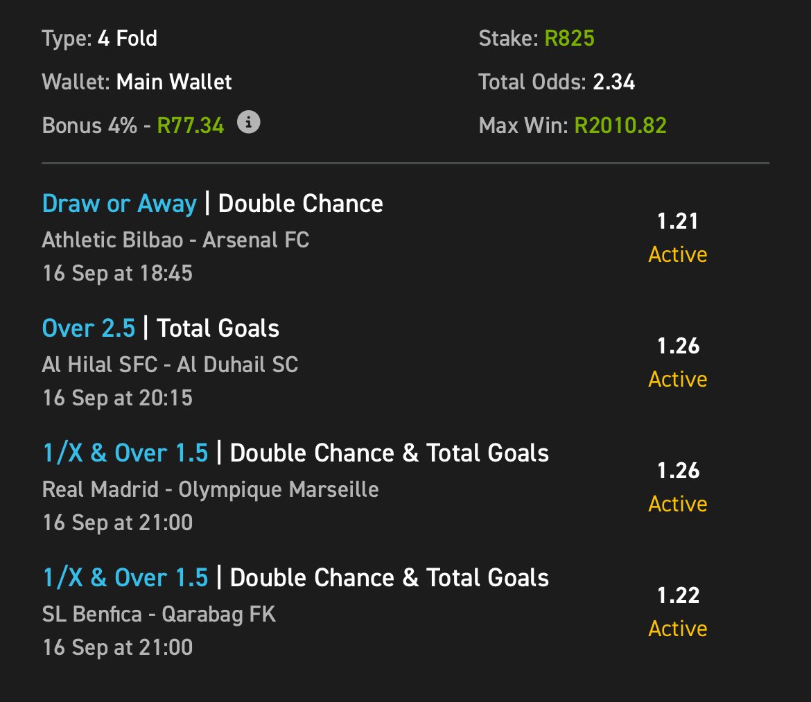 Let’s Win  🤑🤑🤑

1️⃣ Copy My Betslip: easybet.co.za/sports?bookedB…
Booking Code: 428181
2️⃣ Place Your Bet Of R5 Or More.
🎁 The More You Bet, The Bigger Your Bonus!
🆕 New To Easybet? Use Code WC50 &amp; Get Up To A R50 Sign Up Bonus.
🔗 Join Now: ebpartners.click/o/2dFXrL?lpage…
18+ T&amp;Cs Apply