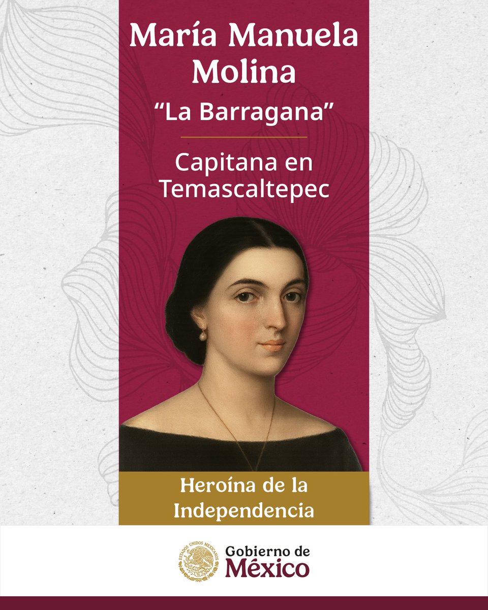 GobiernoMX's tweet photo. Desde 1811, María Manuela Molina recibió el grado militar de capitana por parte de la Suprema Junta Nacional Americana, primer gobierno insurgente de México.

Se desempeñó en la jurisdicción de Temascaltepec al mando de una tropa conformada por 60 hombres indígenas y mestizos; cobró fama por poner en jaque a las tropas enemigas.

Con ese grado oficial, los dirigentes reconocieron su constancia y patriotismo como mujer capaz de empuñar un fusil, organizar un escuadrón y comandarlo en el campo de batalla para luchar por la Independencia.

Registros históricos indican que “la Barragana” combatió en las batallas de Las Cruces, Aculco, Jilotepec y tres en Zitácuaro; se dice que murió el 2 de marzo de 1822 por heridas de lanza.