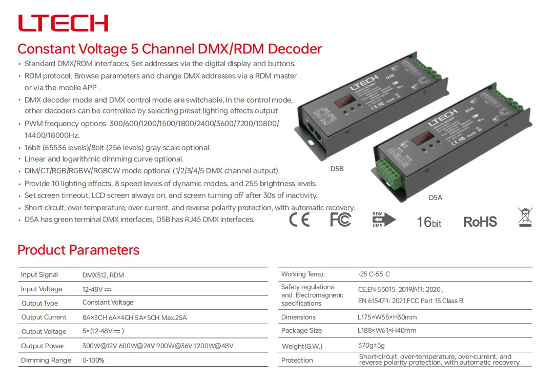 AngelAn48006494's tweet image. 12-48V RGBCW DMX Decoder: Max. 1200W

Supports 12-48Vdc DIM/CT/RGB/RGBW/RGBCW

Screen + buttons set DMX address, dimming mode, bit depth (8/16-bit), etc. 

Optional PWM (300-18000Hz)

Short-circuit/over-temp/over-current/reverse protection 

 #LTECH #DMXdecoder #DMX512 #CV #RDM