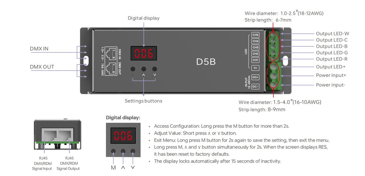 AngelAn48006494's tweet image. 12-48V RGBCW DMX Decoder: Max. 1200W

Supports 12-48Vdc DIM/CT/RGB/RGBW/RGBCW

Screen + buttons set DMX address, dimming mode, bit depth (8/16-bit), etc. 

Optional PWM (300-18000Hz)

Short-circuit/over-temp/over-current/reverse protection 

 #LTECH #DMXdecoder #DMX512 #CV #RDM