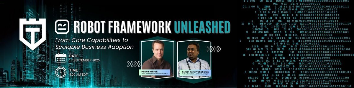 robotframework's tweet image. ⏰ Tomorrow!

Join the free 𝗥𝗼𝗯𝗼𝘁 𝗙𝗿𝗮𝗺𝗲𝘄𝗼𝗿𝗸 𝗨𝗻𝗹𝗲𝗮𝘀𝗵𝗲𝗱 webinar 🚀

📅 Sept 17, 2025
👨‍💻 From core capabilities → scalable adoption
🎟️ Register free → testguild.com/webinar-robot-…

#RobotFramework #RoboCon #Automation