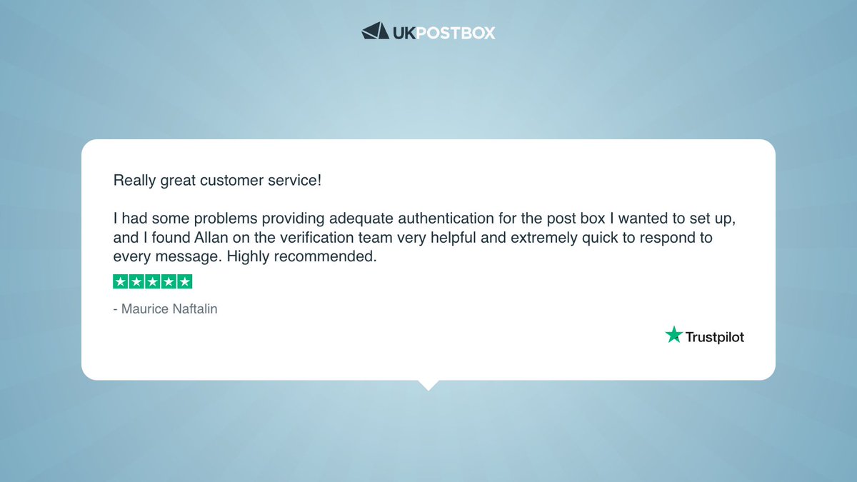 UKPostbox's tweet image. Thanks Maurice for the ⭐ ⭐⭐ ⭐⭐ 

📞✉️ Help is on hand at UK Postbox wherever you go. 

See more reviews 👉 ukpostbox.com/testimonials

#MailForwarding #MailManagement #BusinessMail