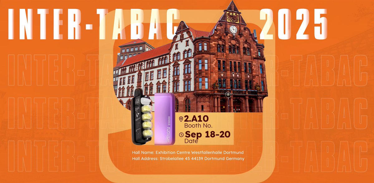 Sikaryvapor's tweet image. ✨ We are excited to announce our participation in INTER-TABAC 2025!
📅 Date: September 18–20, 2025
📍 Venue: Exhibition Centre Westfalenhalle Dortmund
🏢 Address: Strobelallee 45, 44139 Dortmund, Germany. 
Booth No.: 2.A10 

#sikary #sikaryvapor #vapor #intertabac2025 #westfalen