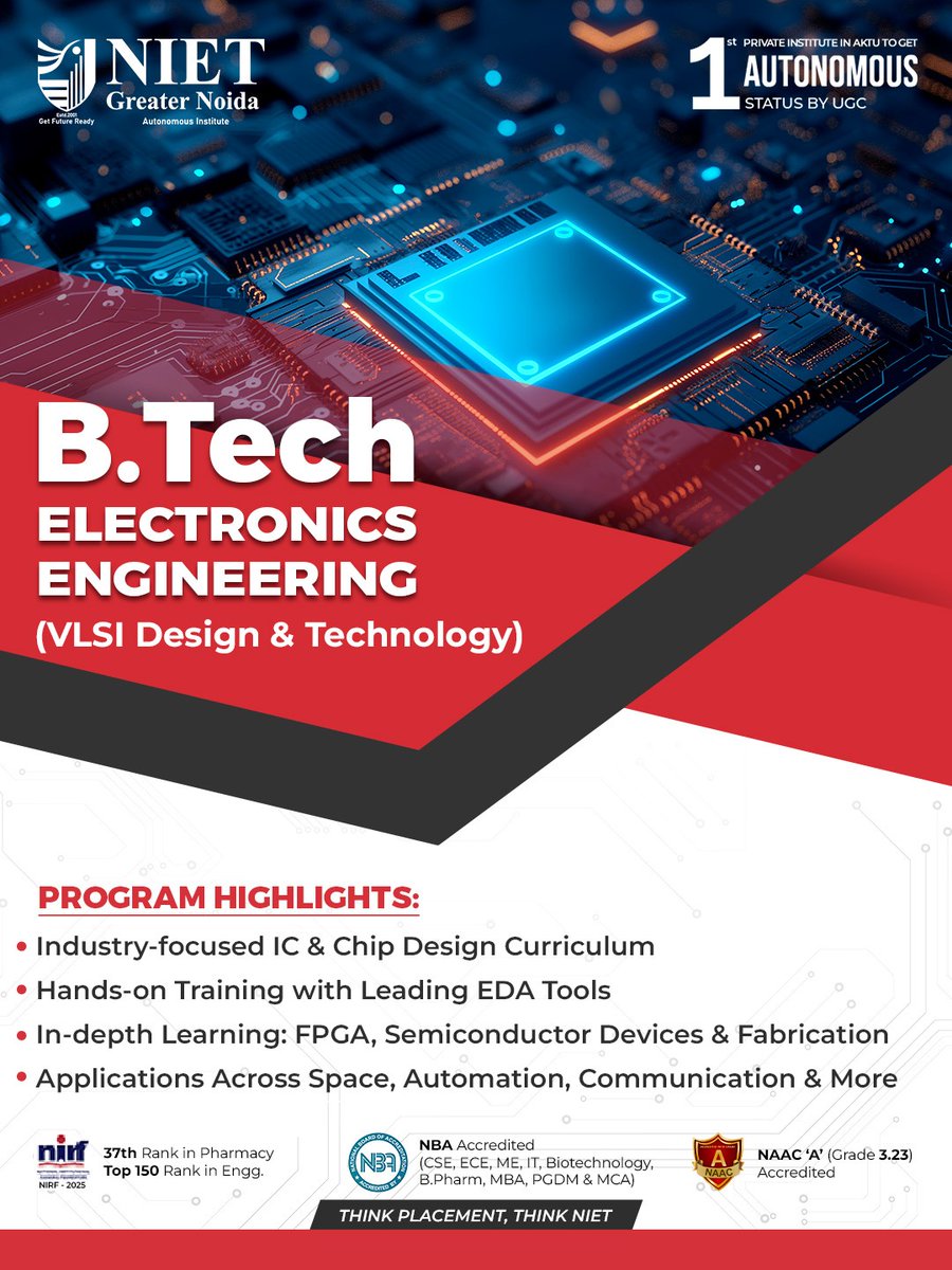 niet_grnoida's tweet image. Powering the Future with Electronics &amp;amp; VLSI!

Join B.Tech Electronics Engineering (VLSI Design &amp;amp; Technology) at NIET Greater Noida and become a leader in the world of IC &amp;amp; Chip Design.

#NIETGreaterNoida #BTechElectronics #VLSIDesign #Semiconductors #ChipDesign