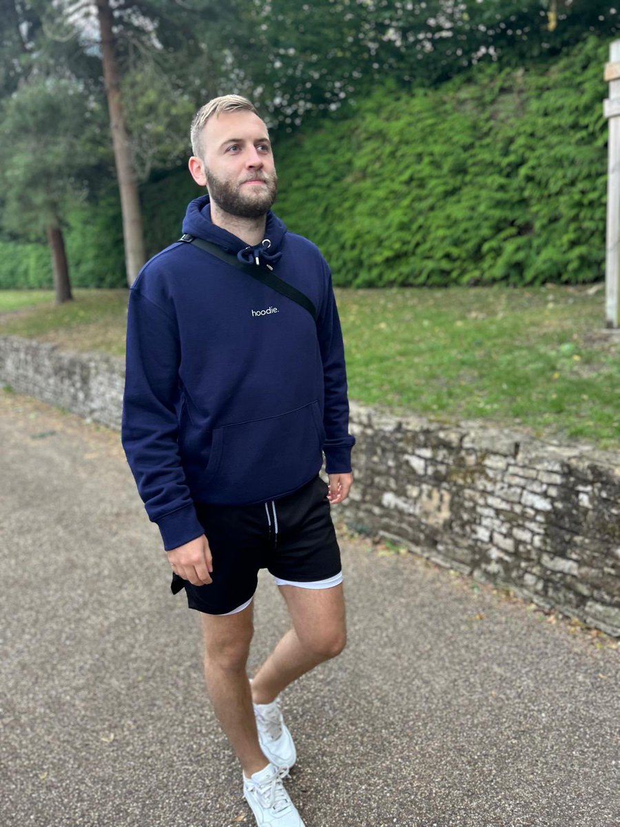 The XL oxford-navy hoodie, perfect for those after work dog-walks and braving 50mph winds 🐼 * disclaimer - dog not included in price of hoodie. #simple #jointheembarrassment #daytodayleisure #pandagang