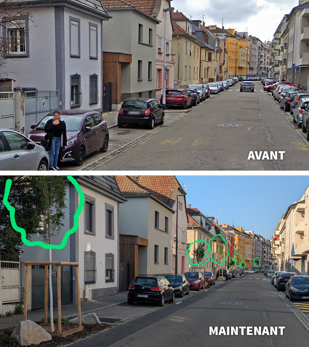 🤸🌳 Une fois que le stationnement payant a fait baisser la pression sur le stationnement dans un quartier, on peut reconfigurer l'espace public... et planter des arbres !

📍 Exemple rue de Mulhouse à Strasbourg, dans le quartier du Neudorf