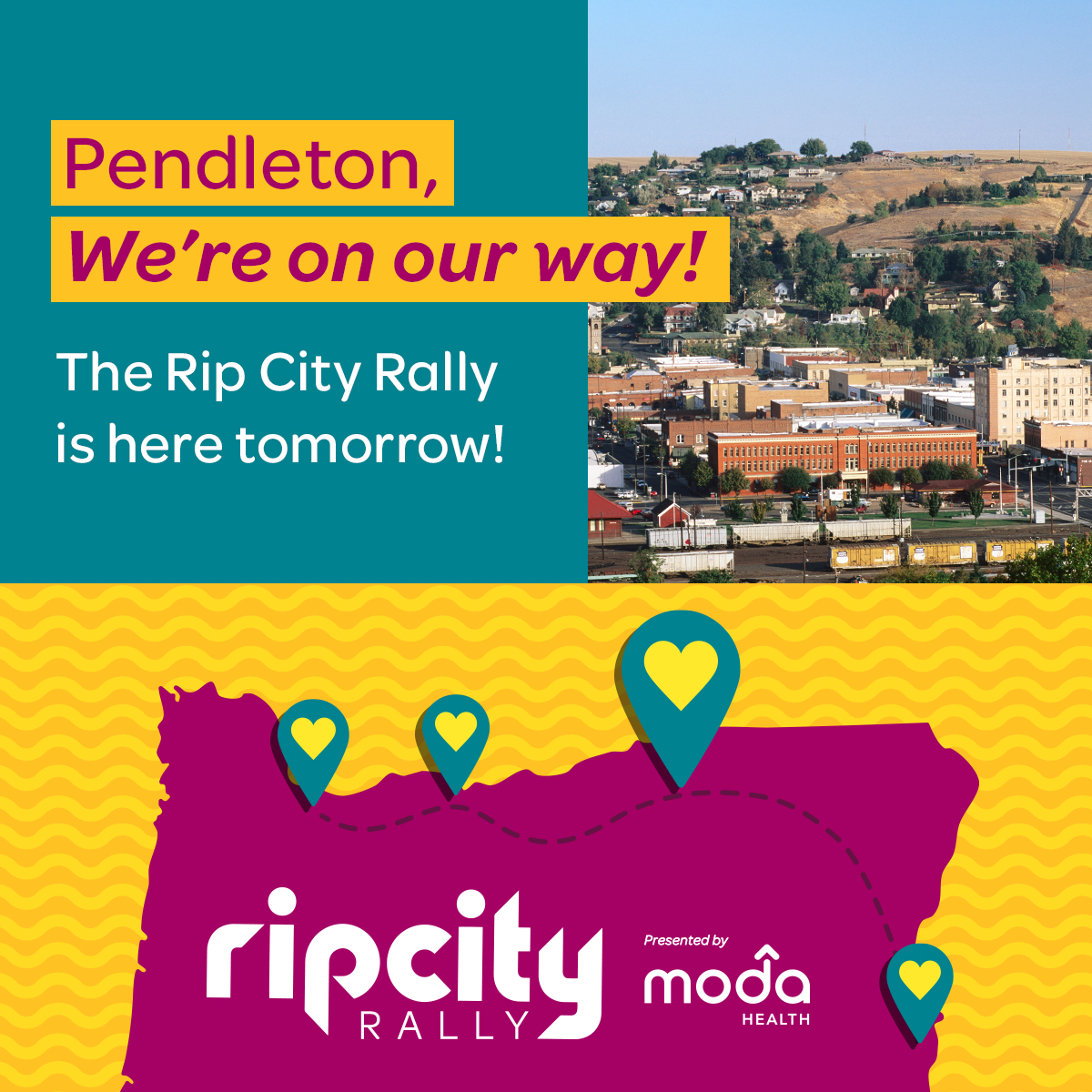 ModaHealth (@moda_health) on Twitter photo Hey Pendleton, the #RipCityRally rolls in town tomorrow! Bring the whole crew to the Pendleton Convention Center, 1601 Westgate, from 4-6pm for a City Fair you wonât forget. Join us for some free family fun and a chance to win cool prizes! Learn more at trailblazers.com/ripcityrally. Hey Pendleton, the #RipCityRally rolls in town tomorrow! Bring the whole crew to the Pendleton Convention Center, 1601 Westgate, from 4-6pm for a City Fair you wonât forget. Join us for some free family fun and a chance to win cool prizes! Learn more at trailblazers.com/ripcityrally.