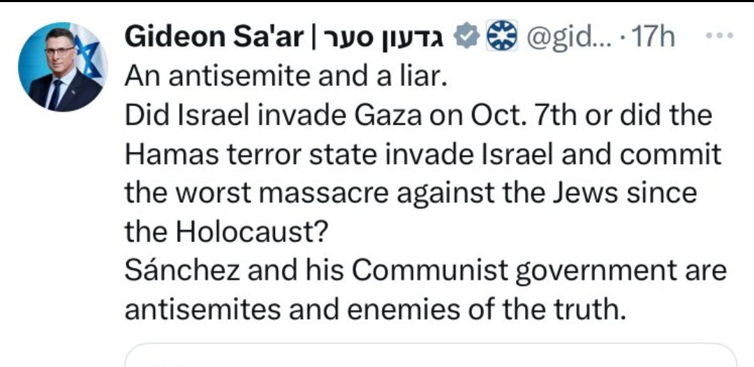 Siguen con el cuento del antisemitismo, que ya no engaña a nadie más que a los suyos, y hablando como si la historia hubiese empezado el 7 de Octubre de 2023, cuando Israel lleva invadiendo Palestina y asesinando palestinos desde 1948, mucho antes de que existiera Hamas.