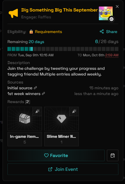 Call me crazy but im about to make all of web3 games be automatically tracked on Cal3ndar.gg. Here is a glimpse of how it will look like in an engagement event by <a href="/Slime_Miner/">Slime Miner Official | Dig. Collect. Earn</a>