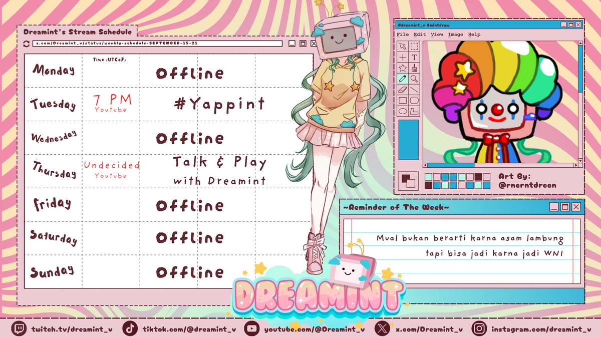 Dreamint_v's tweet photo. Weekly schedule for September 15-21 2025

[Red font] Youtube: https://t.co/uf6vR9wXUK
[Purple font] Twitch: https://t.co/4YZazbrKSW

[Hashtags]
LiveTag: #Livemint
Art: #mintdraw
Clips: #Clipint

Request game for next week in reply👇
See you peeps📷 Art by:@Rncrntdrccn https://t.co/BPi3INr1V1