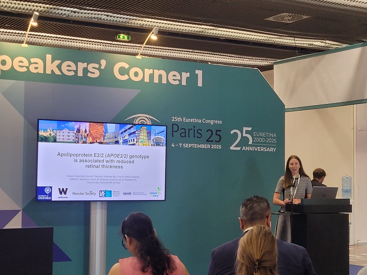 grace_borchert's tweet photo. EURETINA 2025 in Paris, France! So grateful for the opportunity to present our teams’ work on the APOE2/2 retinal phenotype! #EURETINA25 
@dr_samdesilva @KanminXue @CehajicJasminac @eyeMacLaren @linoafferreira Prof Downes https://t.co/FjqBzi0Xvh