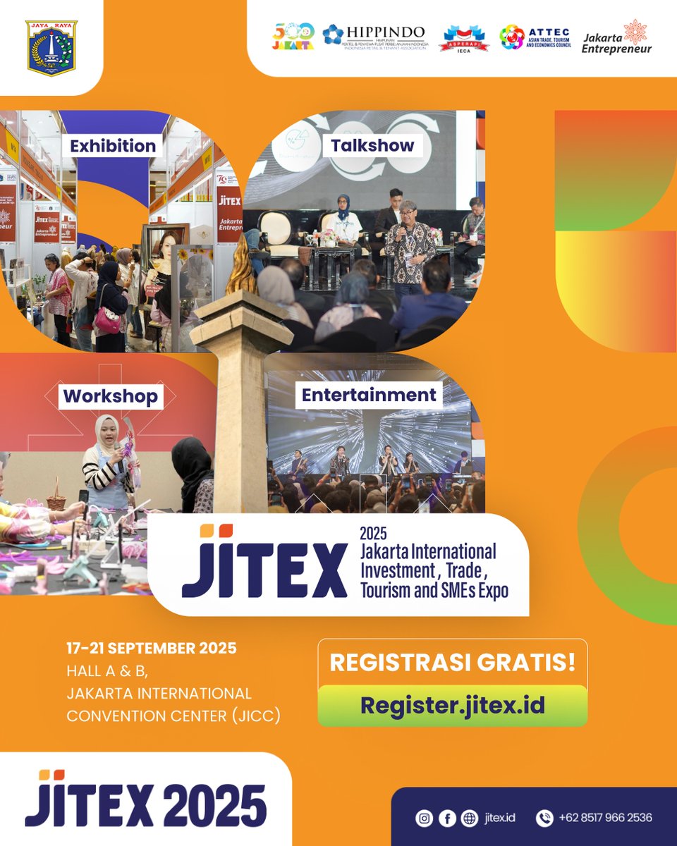 Melalui Pameran Produk Lokal,Talkshow inspiratif, Business Matching dan Kolaborasi Lintas
Sektor serta Negara. 
: 17–21 September 2025
: Hall A &amp; Hall B,JICC (Jakarta International Convention Center)
DAFTAR JADI VISITOR SEKARANG, GRATIS! register.jitex.id
CS: 0851-7966-2536