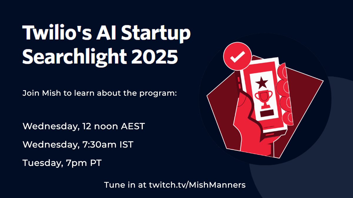 ✨ Michelle "MishManners" Duke 🍩 (@mishmanners) on Twitter photo Twilio's AI startup applications closes this week 😮
This is your last chance to find out more about the program, discover if you're eligible, and get top tips on your submission 💖.
Live on twitch.tv/MishManners Wednesday 17th Sept Twilio's AI startup applications closes this week 😮
This is your last chance to find out more about the program, discover if you're eligible, and get top tips on your submission 💖.
Live on twitch.tv/MishManners Wednesday 17th Sept