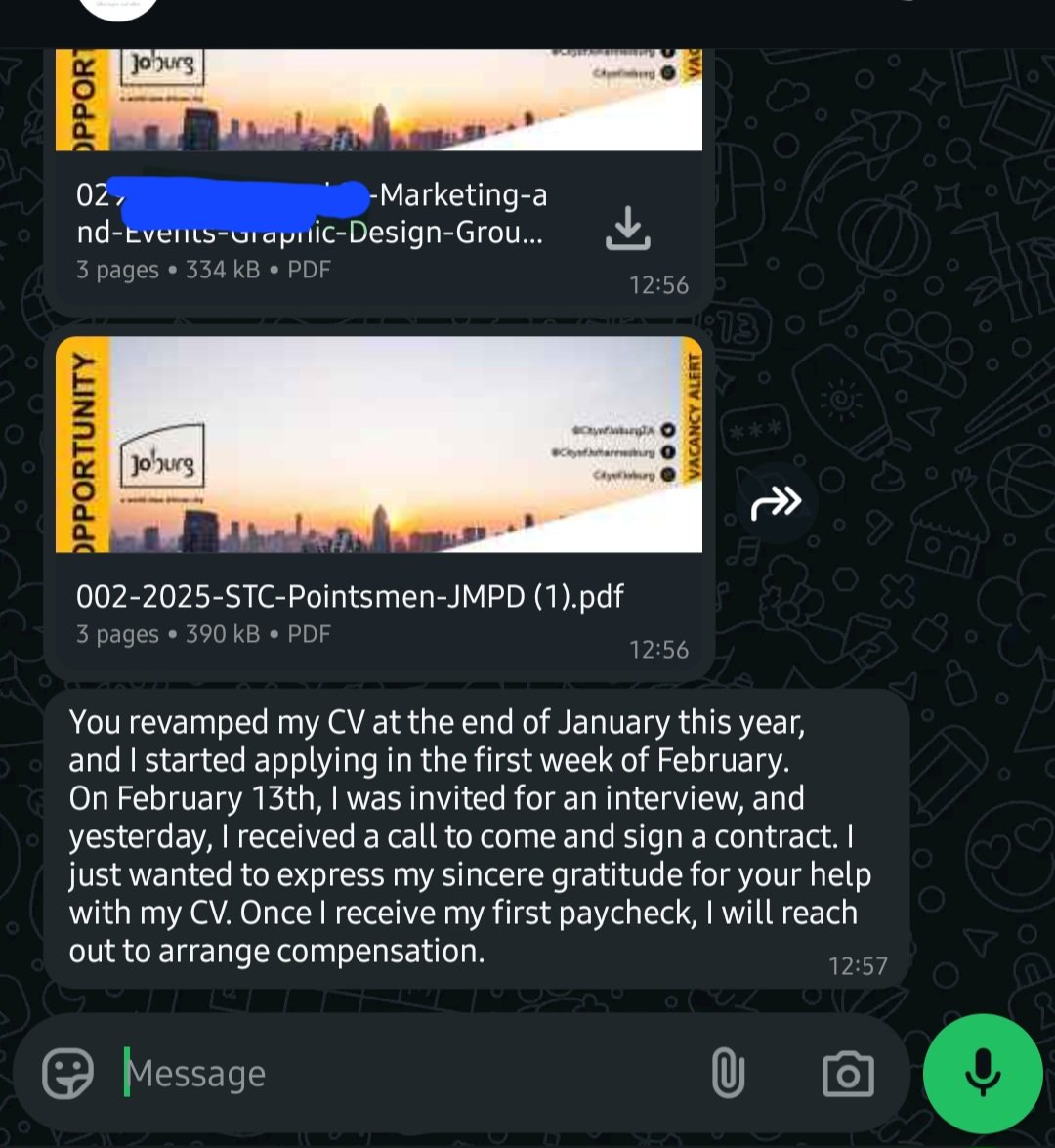 📄 Revamp your CV &amp; LinkedIn-Special 📄

▪️Modern CV (ATS-FRIENDLY) from: R100
▪️Cover Letter: R50
▪️LinkedIn Optimization

Whatsapp link: wa.me/message/DD6SIQ…
069 771 0718

Takealot Portia Zandile Magesi Sekhukhune United MTN 8 Kaizer Chiefs Cyril Ramaphosa Gwede #Askaman