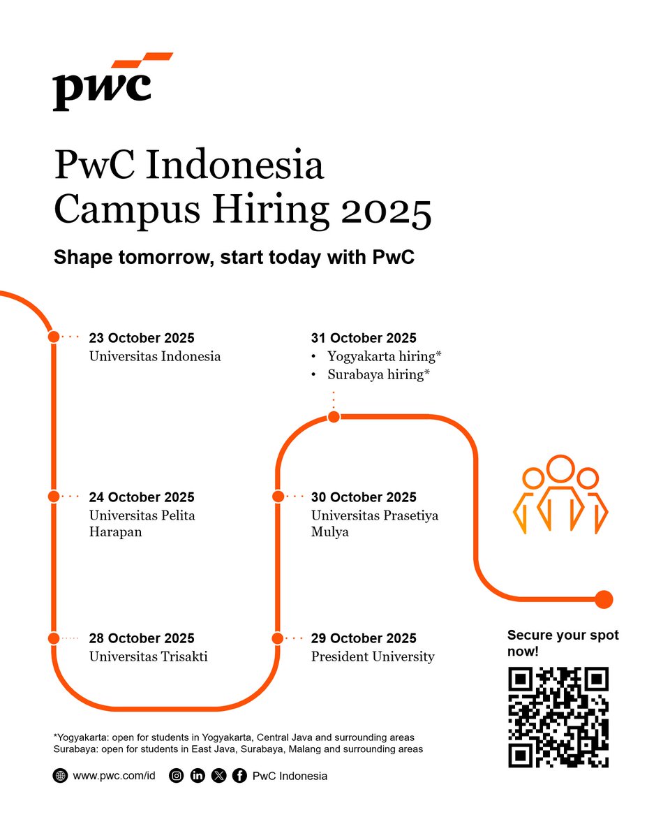 Ready to grow here and go further?

If you're ready to embark on an inspiring journey, this opportunity is for you! PwC Indonesia Campus Hiring 2025 is just around the corner—running from 24 September to 31 October 2025.

Whether you're a second-year student or a recent graduate