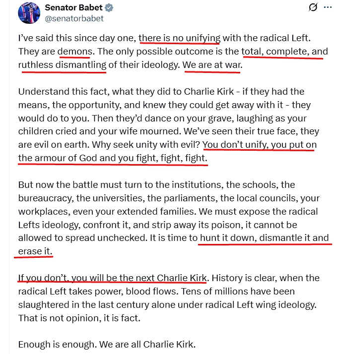 <a href="/StuddertNatalie/">Nat Factor ⭐️💜</a> <a href="/senatorbabet/">Senator Babet</a> <a href="/abcnews/">ABC News</a> Look at the language the dkhd uses and tell me HE'S not trying to incite violence against the left.
He's using the Goebbels method - accuse the other side of that which you do, yourself.
Totally unfit to be a senator. The sooner he's gone, the better.