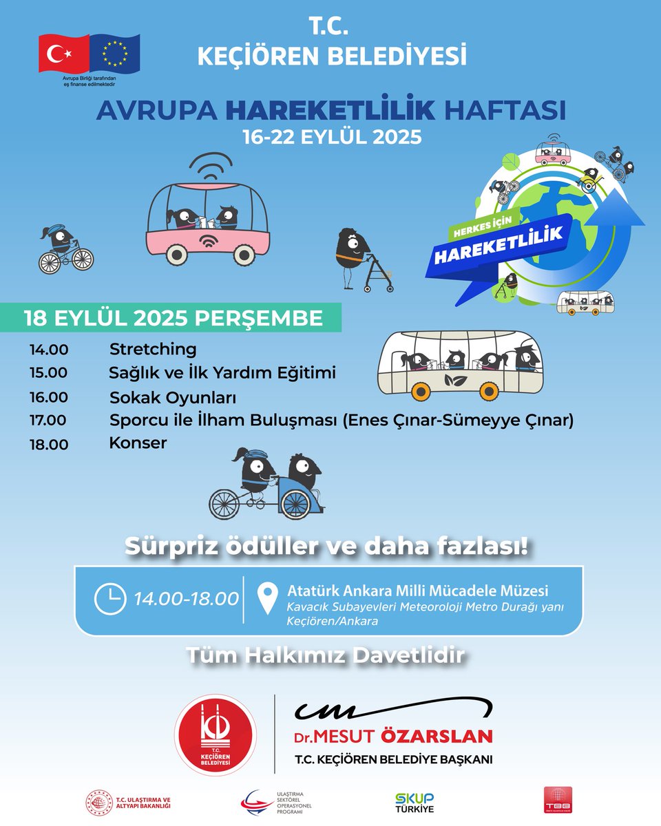 Avrupa Hareketlilik Haftası’nı Keçiören’imizde dolu dolu bir programla kutluyoruz. 🌍

Sürdürülebilir bir şehir yaşamı için geleceğimizi korumaya, çevreci ulaşım alışkanlıklarını yaygınlaştırmaya ve çocuklarımıza daha yaşanabilir bir Keçiören bırakmaya kararlıyız.