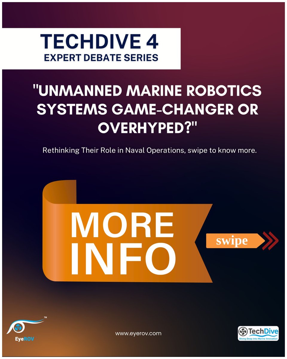 EyeROVTech's tweet image. 🚨 Debate Alert! 🚨
Are unmanned marine robots 🌊⚓ the future of naval ops — or just hype?
🔥 LIVE 📅 Sept 25 | 🕒 2:30 PM | 🔴 LinkedIn

Seats limited 👉 bit.ly/techdive4
#EyeROV #DeepTech #UnderwaterRobotics @JohnsTMathai @Arun_Golaya