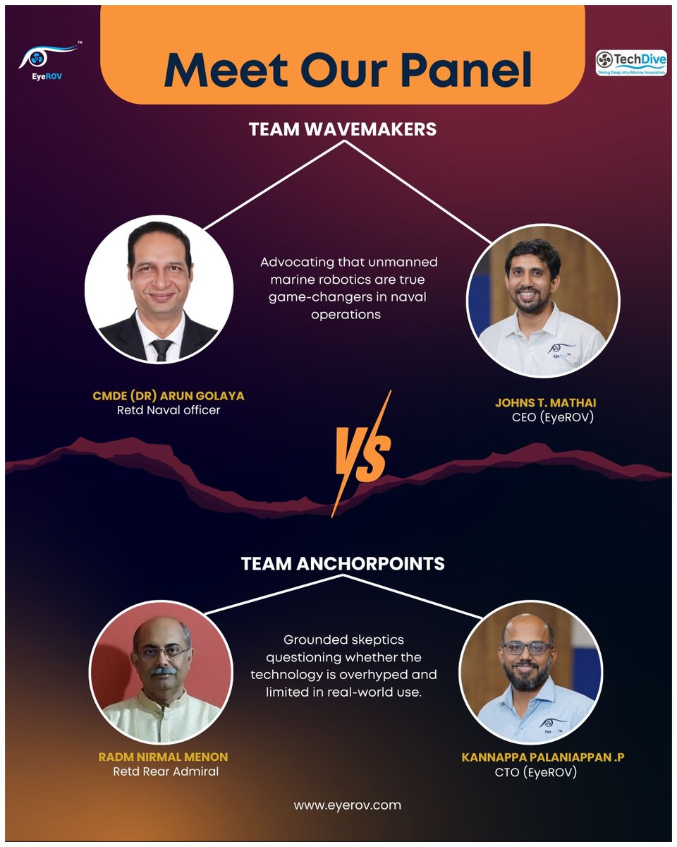 EyeROVTech's tweet image. 🚨 Debate Alert! 🚨
Are unmanned marine robots 🌊⚓ the future of naval ops — or just hype?
🔥 LIVE 📅 Sept 25 | 🕒 2:30 PM | 🔴 LinkedIn

Seats limited 👉 bit.ly/techdive4
#EyeROV #DeepTech #UnderwaterRobotics @JohnsTMathai @Arun_Golaya