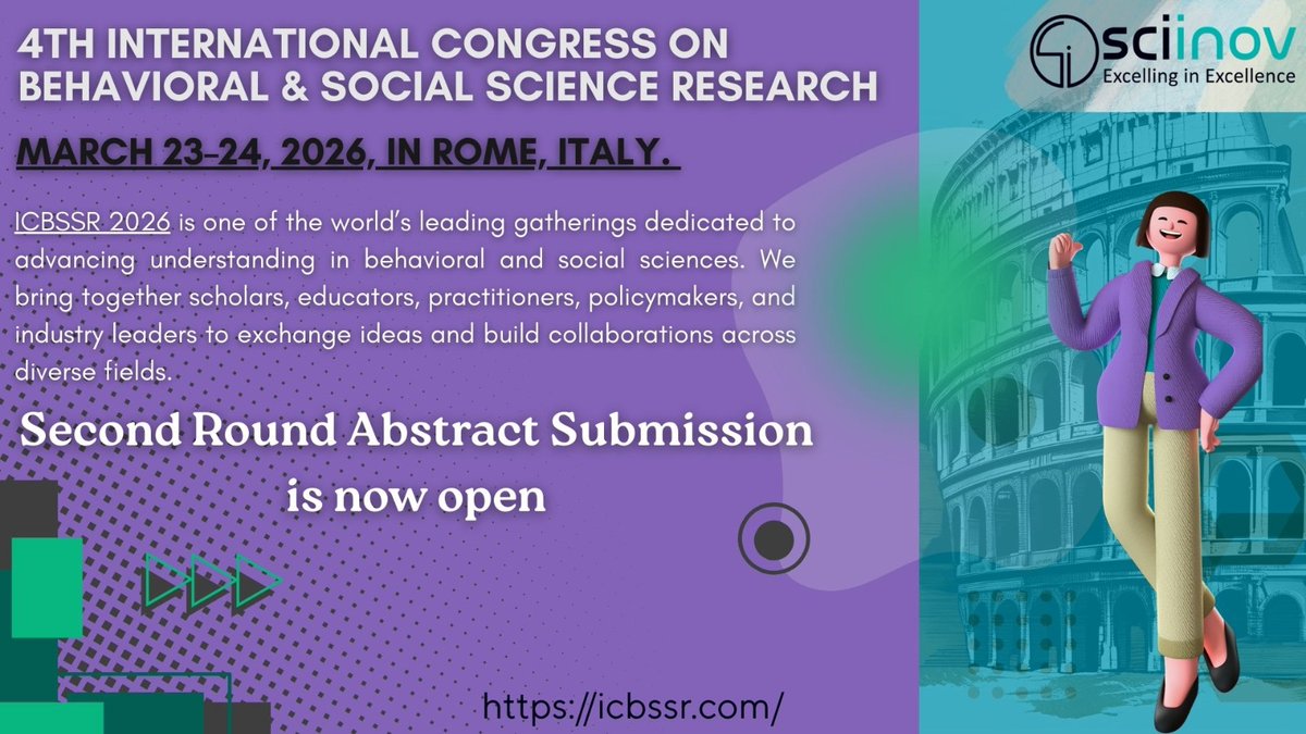 ICBSSR_2026's tweet image. 🌍ICBSSR 2026 -Rome &amp;amp; Online

📚4th International Congress on Behavioral &amp;amp; Social Science Research

📅March 23–24, 2026
🚨2nd Round Abstract Submission Open!

👉Submit Now &amp;amp; Join the Global Research Community
icbssr.com/abstract-submi…

#ICBSSR2026 #SocialScience #BehavioralResearch