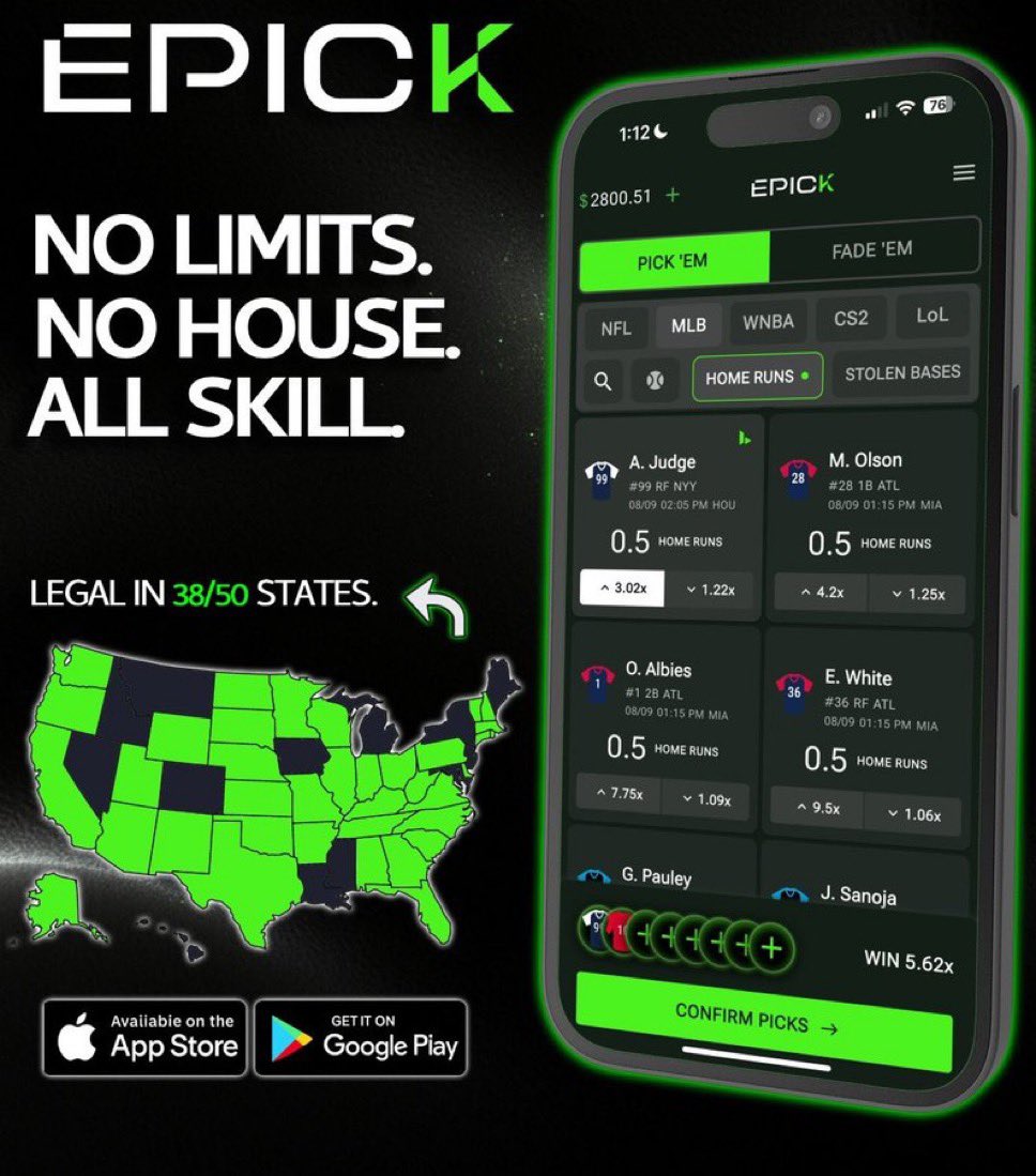 PlusEV's tweet photo. EPICK is a brand new "Pick em" app that is available in 38+ states!

Choose MORE or LESS on NFL player projections to win money.

Use code "TOUCHDOWN" to receive a 100% match up to $50 when depositing🤝

Download here: https://t.co/P1ma0Wkmva https://t.co/x3ntakltHZ