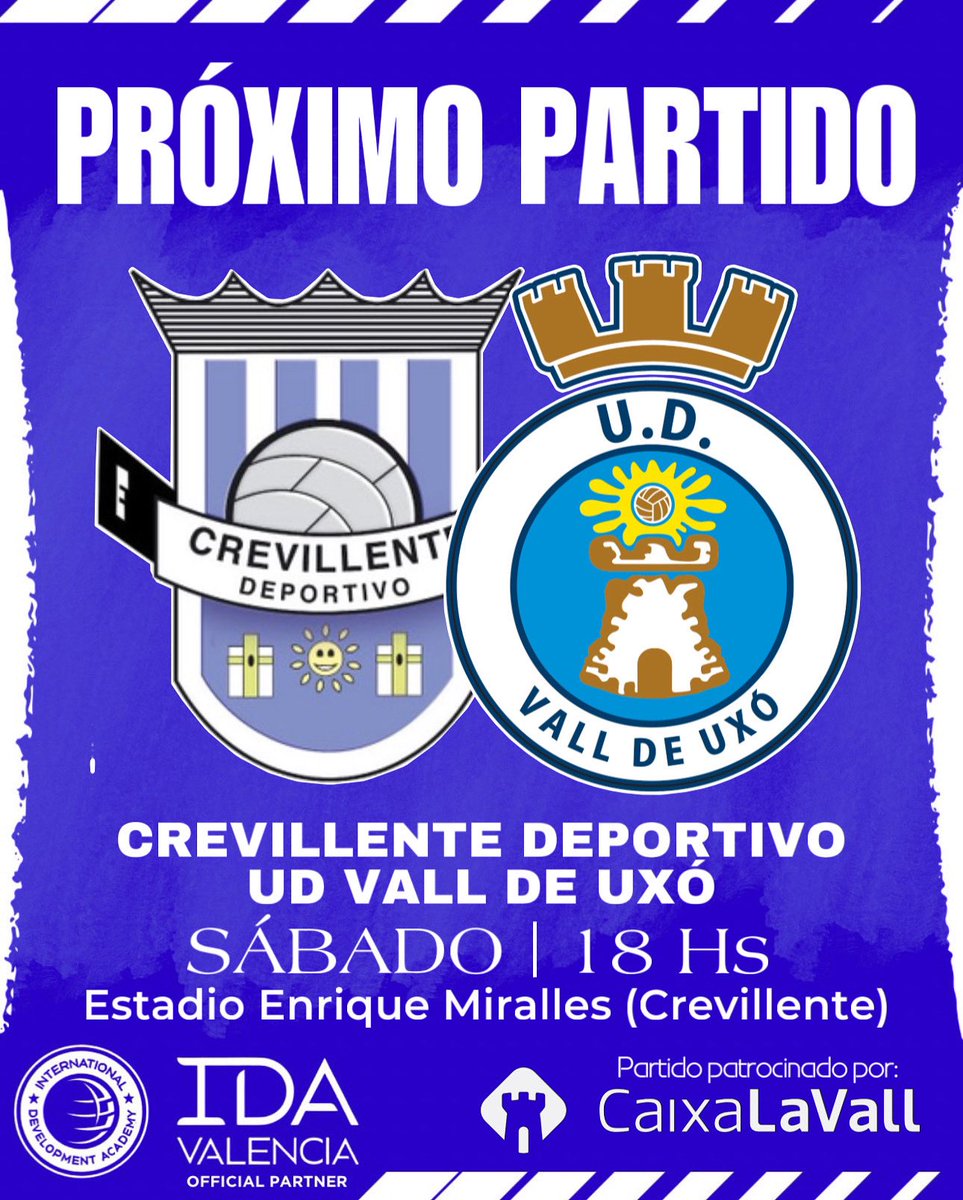 U.D. Vall de Uxó (@udvalldeuxo) on Twitter photo 🔜⚽️🚌
‼️𝗣𝗥𝗢𝗫𝗜𝗠𝗢 𝗣𝗔𝗥𝗧𝗜𝗗𝗢‼️
🆚 <a href="/CreviDvo/">Crevillente Deportivo</a>
🏆 Jornada 3️⃣
🗓️ 𝐒á𝐛𝐚𝐝𝐨
⏰ 1️⃣8️⃣ Hs
🏟️ 𝐸𝑛𝑟𝑖𝑞𝑢𝑒 𝑀𝑖𝑟𝑎𝑙𝑙𝑒𝑠 (𝐶𝑟𝑒𝑣𝑖𝑙𝑙𝑒𝑛𝑡𝑒)
#SomLaUDE 🤍💙 🔜⚽️🚌
‼️𝗣𝗥𝗢𝗫𝗜𝗠𝗢 𝗣𝗔𝗥𝗧𝗜𝗗𝗢‼️
🆚 <a href="/CreviDvo/">Crevillente Deportivo</a>
🏆 Jornada 3️⃣
🗓️ 𝐒á𝐛𝐚𝐝𝐨
⏰ 1️⃣8️⃣ Hs
🏟️ 𝐸𝑛𝑟𝑖𝑞𝑢𝑒 𝑀𝑖𝑟𝑎𝑙𝑙𝑒𝑠 (𝐶𝑟𝑒𝑣𝑖𝑙𝑙𝑒𝑛𝑡𝑒)
#SomLaUDE 🤍💙