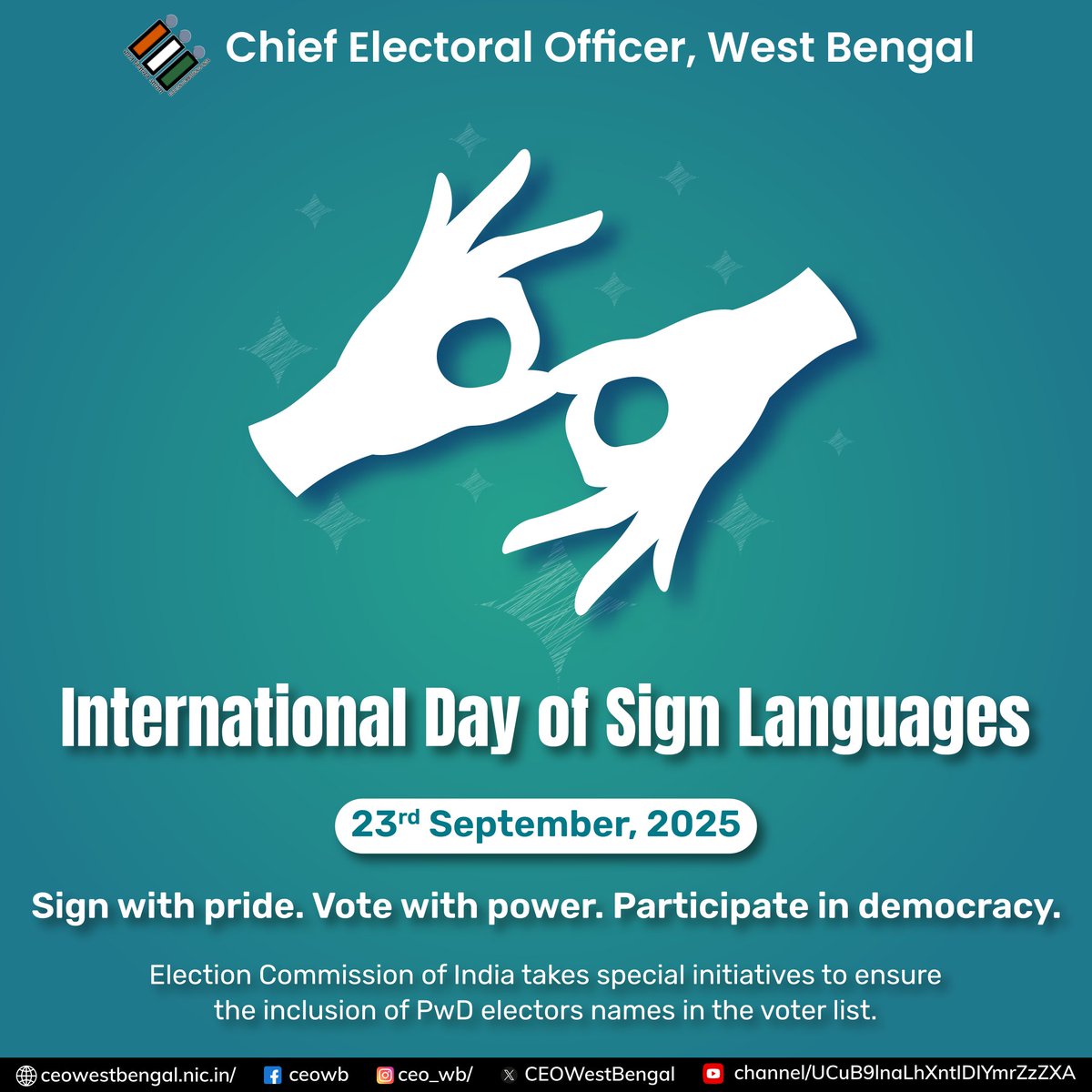 CEOWestBengal's tweet image. #InternationalDayOfSignLanguages celebrated on 23rd September every year, in the recognition of increasing public awareness about the importance of sign language in the realization of human rights.
#SignLanguages #InternationalDayOfSignLanguages 
@ECISVEEP @SpokespersonECI