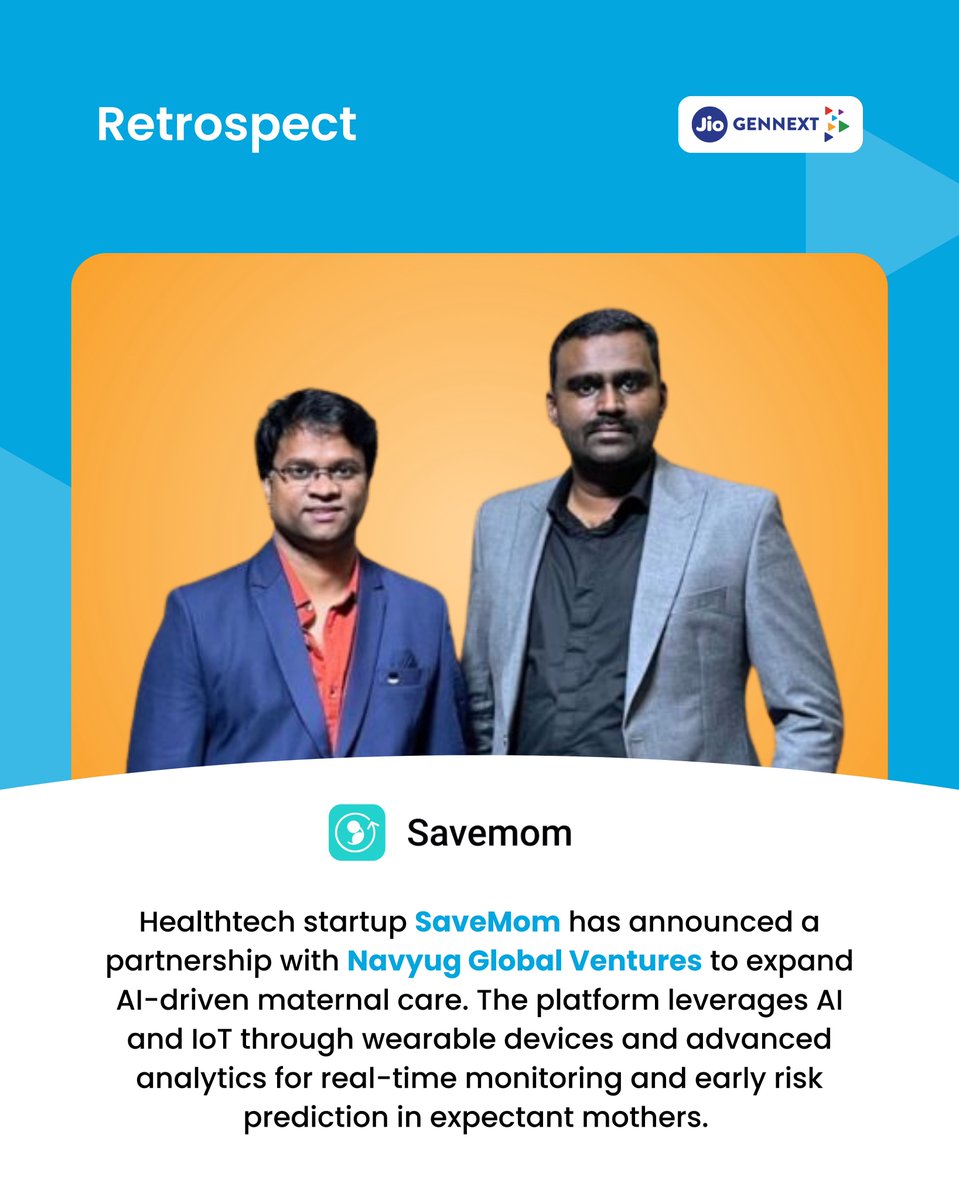 Congratulations SaveMom, a JioGenNext alumnus, on partnering with Navyug Global Ventures to expand AI-driven maternal care! This partnership marks a bold step forward in scaling their vision of safer, smarter, and more accessible care for expectant mothers. 
 
#JioGenNext