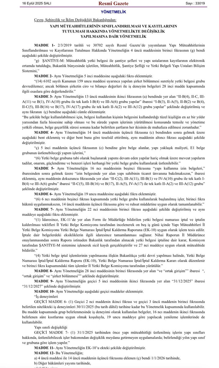 📢Şantiye Şefliği ve Yapı Müteahhitlerinin Sınıflandırılması ile İlgili Yeni Yönetmelikler Yayınlandı
📌En Kritik Düzenleme:
Artık yüksek grup müteahhitlik belgelerinin şirket devri yoluyla parayla el değiştirmesi engellendi.
➡️Bir müteahhitlik belgesi, sadece şirket satışıyla