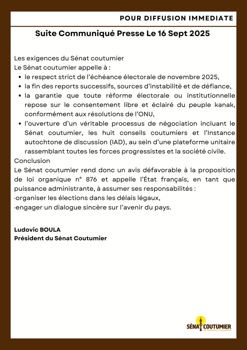 Suite à l'audition du Sénat Coutumier de la Nouvelle-Calédonie par la commission des lois du <a href="/Senat/">Sénat</a> lundi 15 Sept 2025 - Voici le Communiqué du Sénat Coutumier