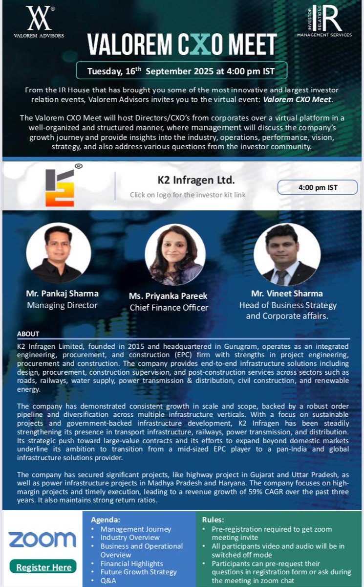 Valoremadvisors's tweet photo. CXO Alert: Join in the interesting conversation with the management of K2 Infragen Limited today at 4pm!!

To know about the company, click the link below
https://t.co/9SyE0IKjmU

To join the conversation, click and register below
https://t.co/bKKOgKoJ0o https://t.co/c355X1ajte