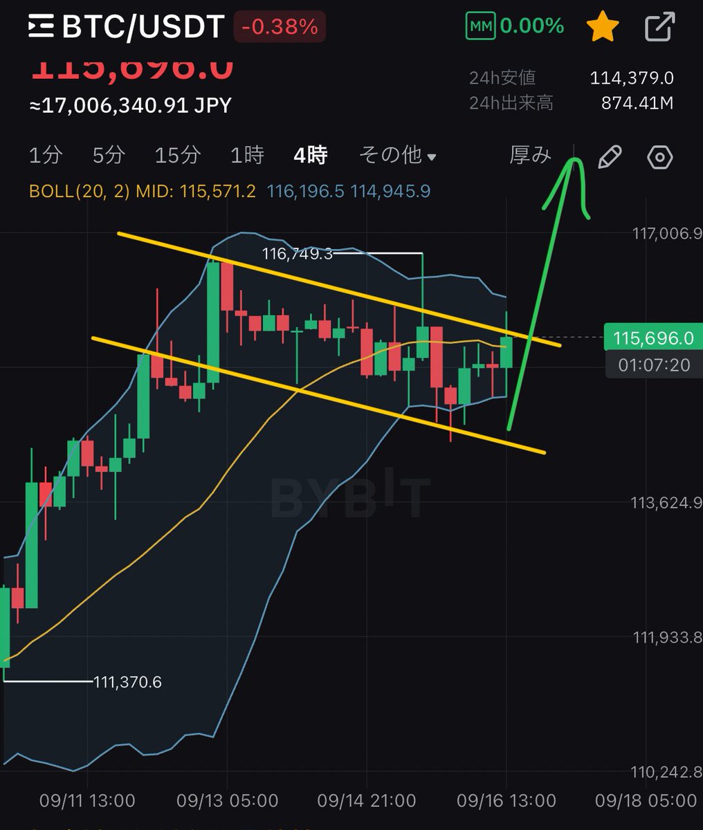 ビットコイン思うようにガンガンと上がらずちょっと飽きている方も多いかもしれません。現在115,000ドル付近を中心とした平行チャネル「下降フラッグ」形成中です。  いわゆる【タメ】の時間が長いほど上抜けたとき爆発力がありますので少し辛抱しましょう。 引き続き現物 ...