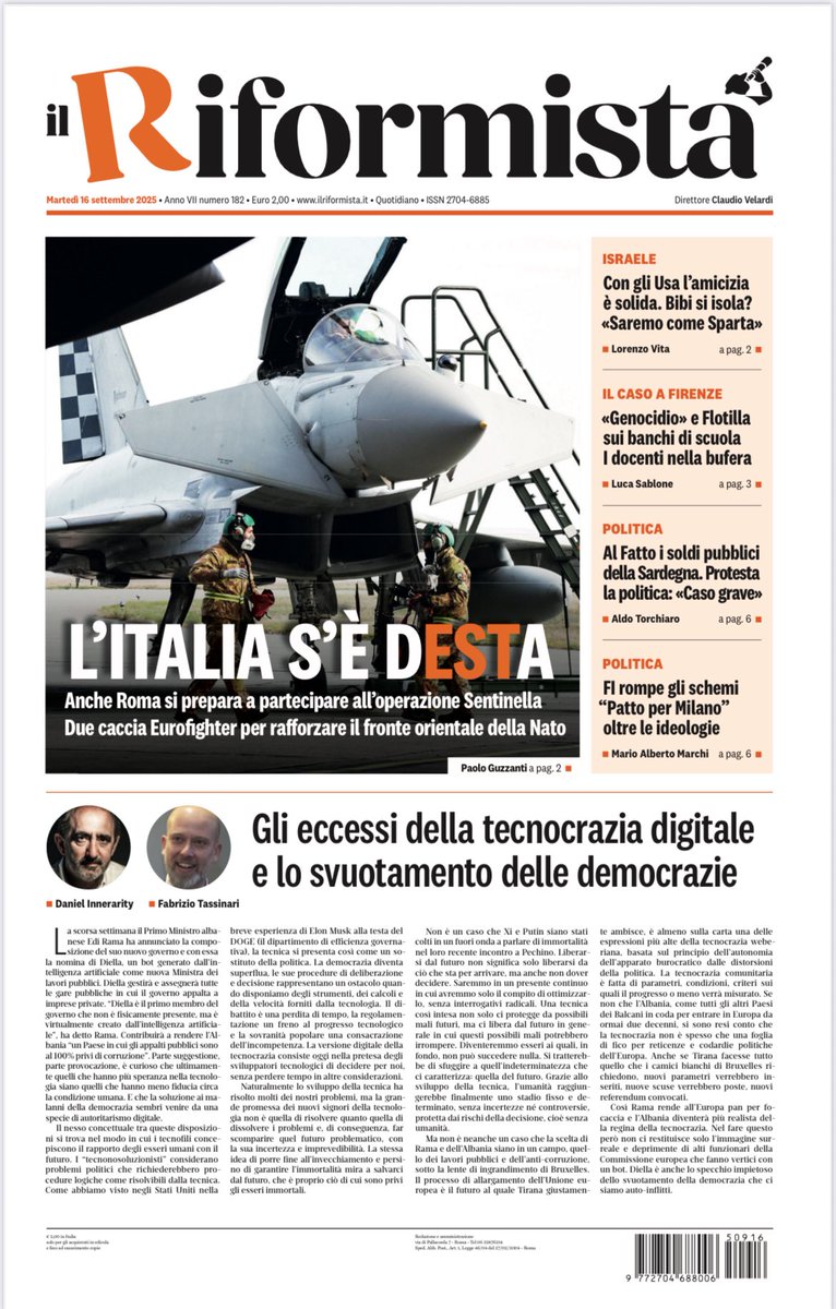 Albania has appointed an AI bot as minister, showing how digital technocracy is hollowing out democracy. My editorial with the great <a href="/daniInnerarity/">Daniel Innerarity @daniel-innerarity.blsky.social</a>. For <a href="/ilriformista/">Il Riformista</a> this morning.