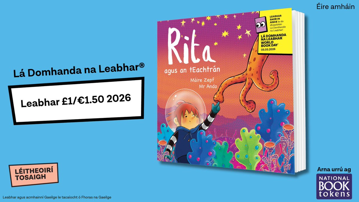 WorldBookDayUK's tweet photo. Next up!

‘Rita agus an tEachtrán’ by Máire Zepf, illustrated by Mr Ando 🐲

Rita would love to fly in a spaceship to another planet and have an alien as a friend! Her adventure will turn Rita's life (and this book!) upside down.

https://t.co/DiK3P2DKEd

#WBD26 #WorldBookDay

@andrewwhitson92
@An_tSnathaid
@mairezepf