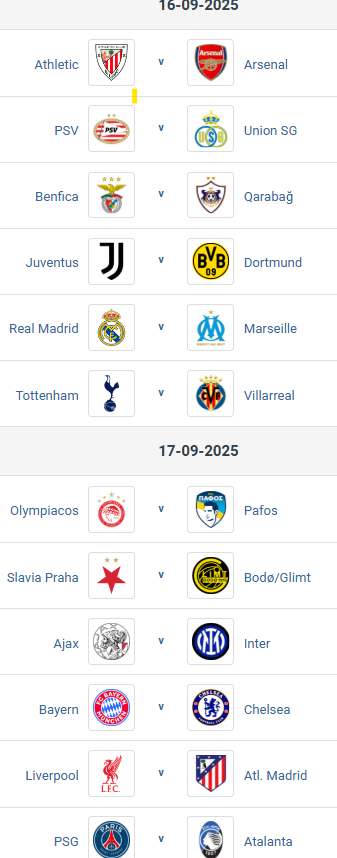 🏆👉   Results 2025-26 UEFA Champions League Matchday 1 / League Phase:

🗓️ Dates: Tuesday 16 to Thursday 18 September 2025

✅  Champions League Live Results, Live Standings

👉 italiansoccerseriea.com/uefa-champions…