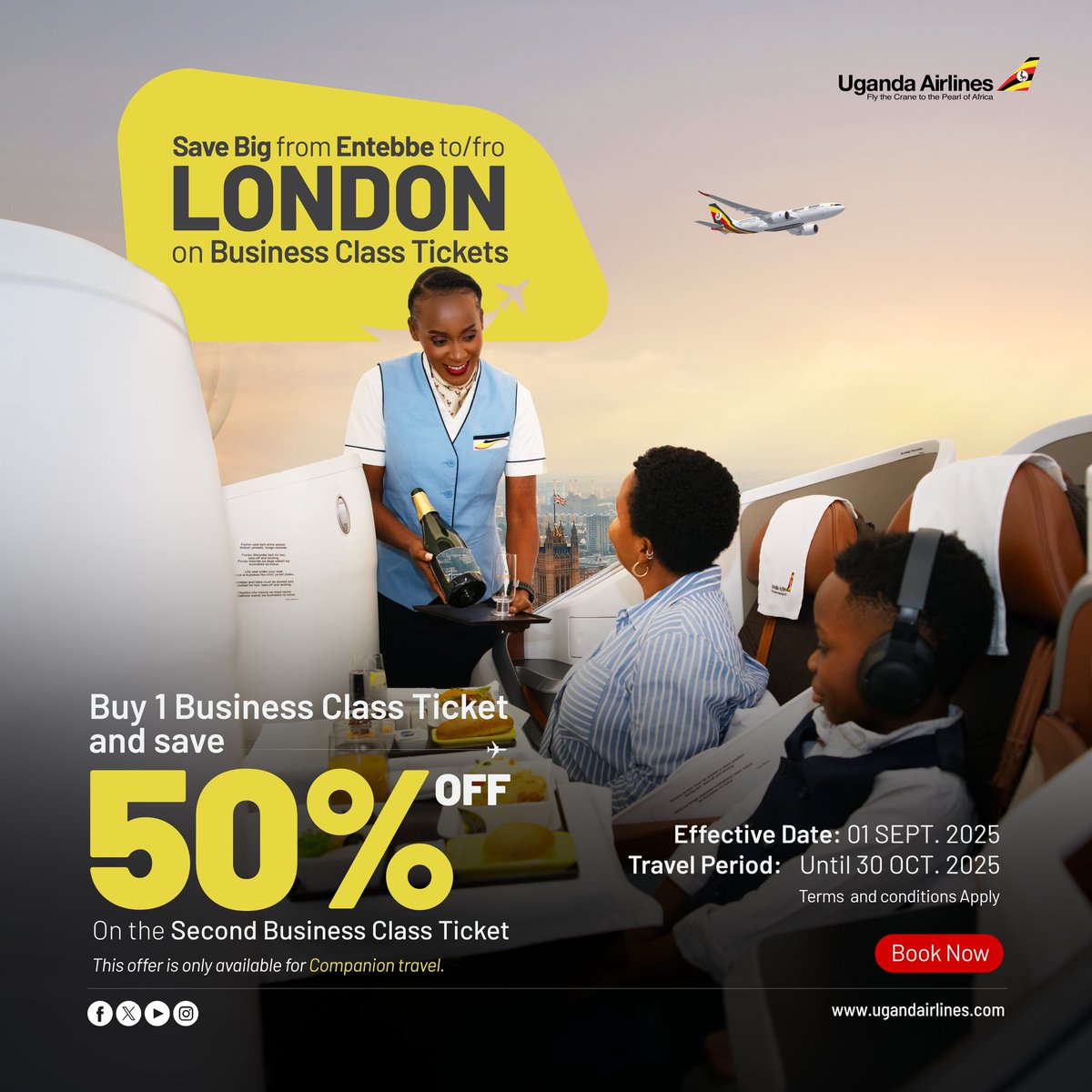 UG_Airlines's tweet photo. #URpromos 🎁 Extend your summer with 50% savings on a second Business class ticket for your companion from #Entebbe to and fro #London!🇬🇧
Book Now: https://t.co/AnHwKQAgwG
#FlyUgandaAirlines #6thanniversary #BusinessClass https://t.co/mD7LLtrnu7