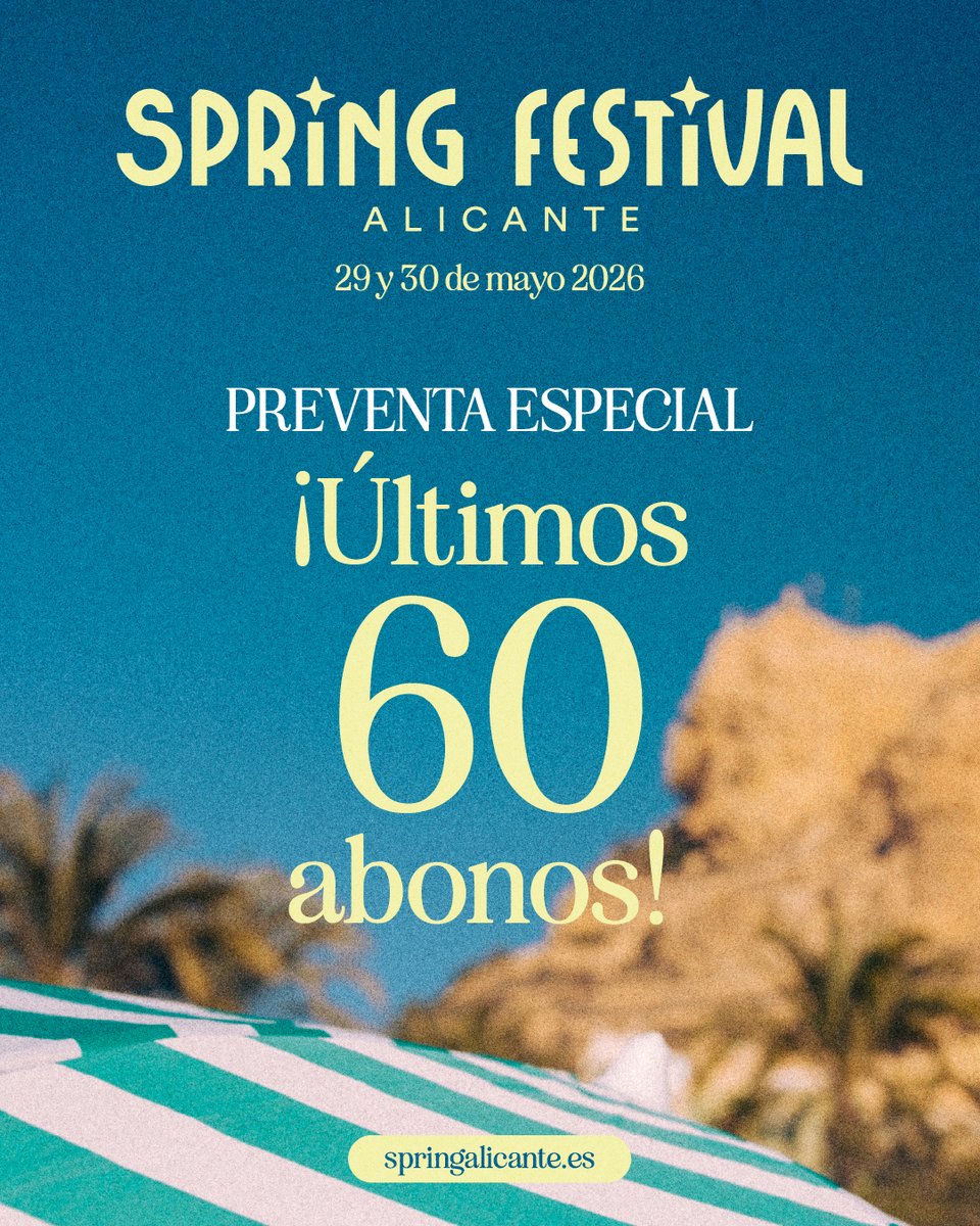 ⌛️¡𝗔𝗛𝗢𝗥𝗔 𝗢 𝗡𝗨𝗡𝗖𝗔!⌛️ ¡Os dejamos los ultimísimos 60 abonos para el fin de la PREVENTA ESPECIAL de #SpringFestival2026 en ➡️bit.ly/PreventaSpring…! ¡Solo para lxs más rápidxs!

☀️ Sol
🏝 Playa
🎶 2 días de festival
🪩 2 escenarios
⭐️ Más de 18 artistas

¡Correeee!💨💨💨