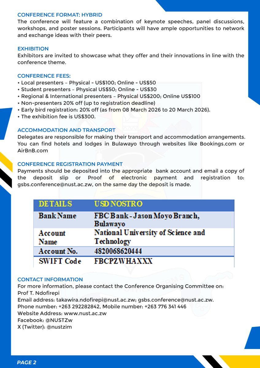 NUST GSBS 2026 Conference
📣4TH Call for Papers!
Join the 1st Intl. Conference on Digitisation in Business Orgs in the 5IR Era
🗓️28–30Apr 2026| 📍NUST, Bulawayo | 🌐 Hybrid
Theme: Bridging the Digitisation Gap in Business &amp; Decision Making
#5IR #ChooseNUST #GSBS2026