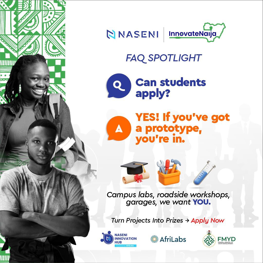 Youth Initiatives Nigeria (@youthiningr) on Twitter photo The #InnovateNaija Challenge is LIVE!
 Are you ready to take your product from the workshop to the world?
What’s at stake:
🏅 ₦2.5M for every State Champion
🥇 ₦100M National Prize
🥈 ₦30M 2nd Place
🥉 ₦20M 3rd Place
👉 Apply now at bit.ly/Naseni-Call
#YouthIniNgr The #InnovateNaija Challenge is LIVE!
 Are you ready to take your product from the workshop to the world?
What’s at stake:
🏅 ₦2.5M for every State Champion
🥇 ₦100M National Prize
🥈 ₦30M 2nd Place
🥉 ₦20M 3rd Place
👉 Apply now at bit.ly/Naseni-Call
#YouthIniNgr