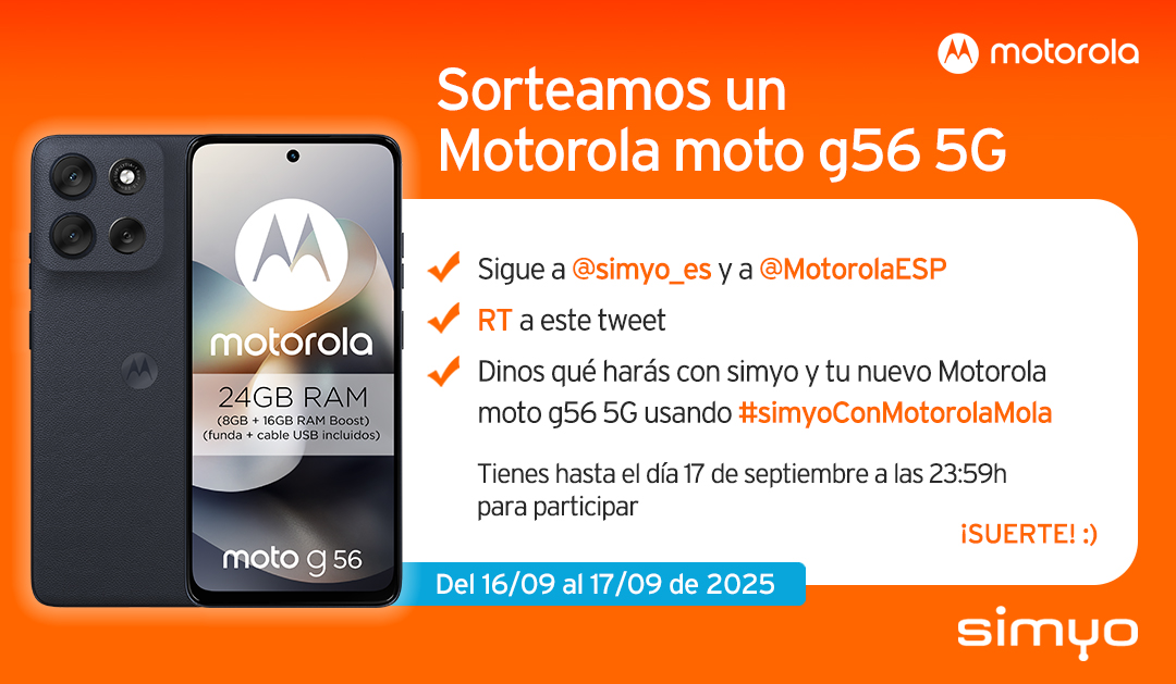 simyo_es's tweet image. ¡SORTEO! 
El Motorola moto g56 5G nos flipa… ¡y vamos a regalarlo! 😉
-Sigue a @simyo_es + @MotorolaESP
-RT a este Tweet
-Dinos qué harás con simyo y este móvil usando #simyoConMotorolaMola
Hasta 23:59h del 17/09. Bases: ow.ly/HxKC50WV7wT