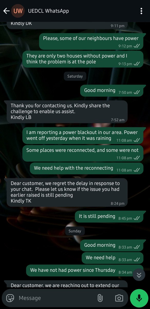 N04Prossy's tweet photo. @UEDCLTD We have not had power since Thursday last week. I have called your help line and engaged you on WhatsApp, but I have not been helped. What can I do to get help https://t.co/EVlgHoE93B