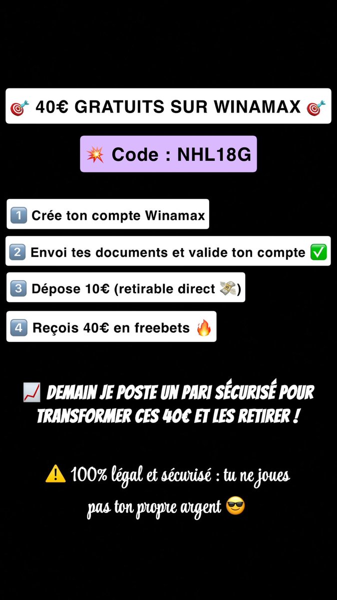 nhlpredatorr's tweet photo. 🚨 40€ GRATUITS SUR WINAMAX 🚨
✅ Offre légale &amp; sécurisée
💰 Dépose 10€ (retirable direct)
🔥 Reçois 40€ en freebets à parier !
💡 Demain je partage un pari sécurisé pour transformer ces 40€ 💸

🎯 Code : NHL18G
#Winamax #ParisSportifs #Bonus #ChampionsLeague #Freebet https://t.co/OAujoD6Jo8