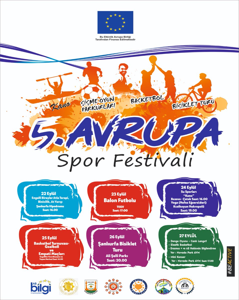 🎉Avrupa Birliği Spor Festivali 

6 gün boyunca spor, eğlence ve toplumsal birliktelik Şanlıurfa’da bir arada! 💪🌍

🐎⚽🚣‍♂️🏀🥅🚴‍♀️  

📅 22–27 Eylül 2025 tarihleri arasında, farklı lokasyonlarda gerçekleşecek etkinliklerimiz herkese açık ve ücretsiz.

📌 Detaylar görselde 👇