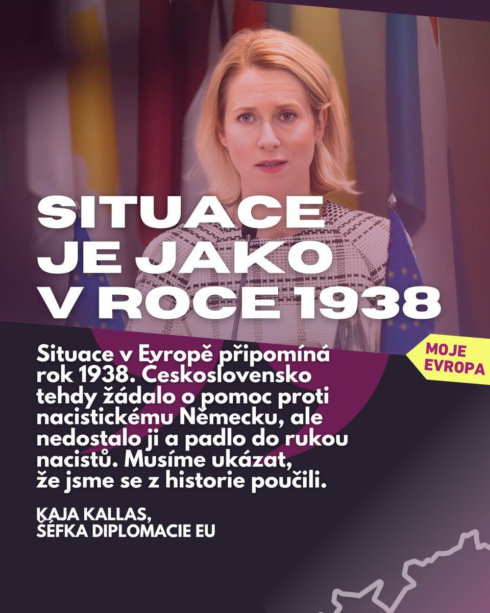 Evropa je v podobné situaci jako v roce 1938, kdy si pro Československo došel Hitler. Šéfka unijní diplomacie Kaja Kallas varovala, že by politici neměli opakovat dřívější chyby, protože pokud Putin pohltí Ukrajinu, budeme mít problém všichni.