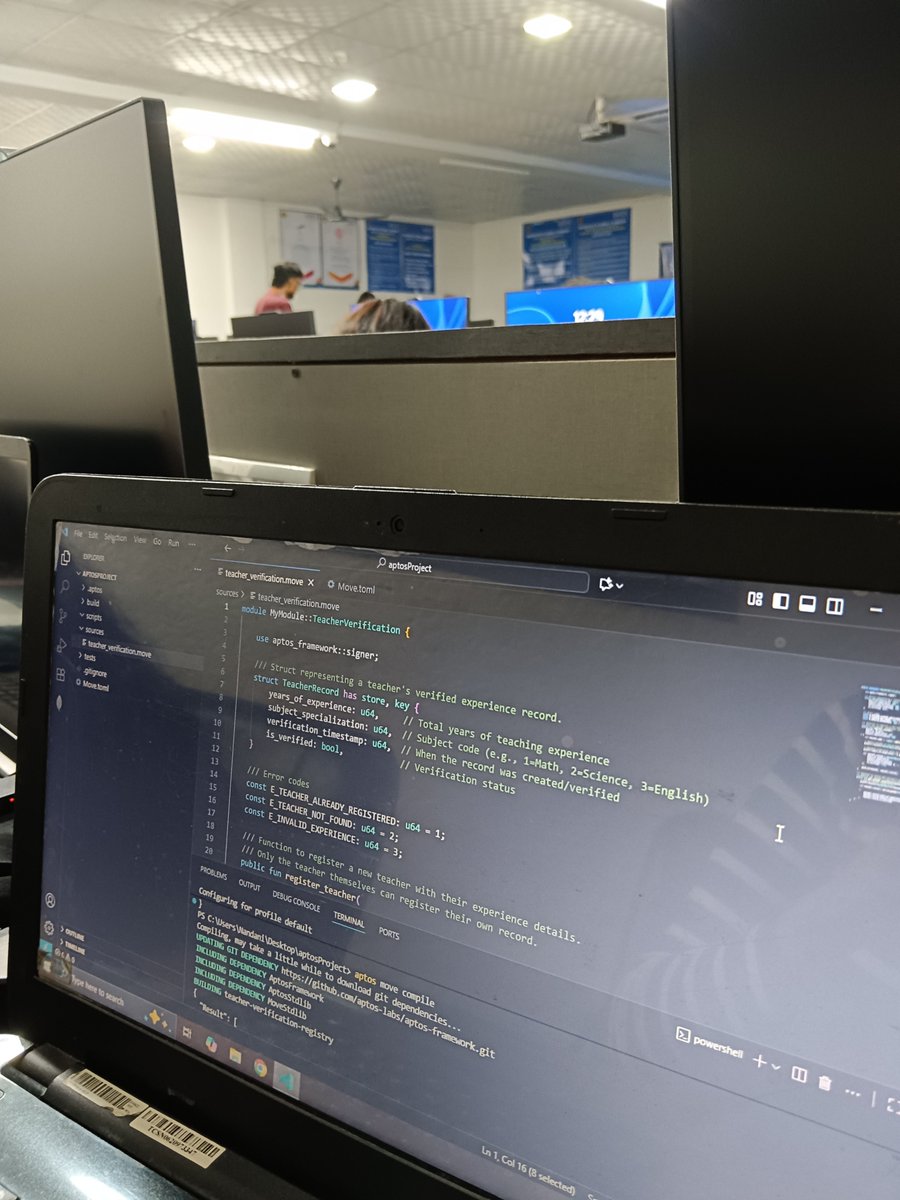 gnandini13's tweet image. What if teacher credentials could be verified on-chain? 🎓🔗
Live: Day 2 - Build on @Aptos ✅
Building a Teacher Verification Registry — trust on-chain. 📚
Learning Move and smart contract logic with guidance from amazing mentors 🙌🚀 #BuildOnAptos 
@TechSoc_ @riseinweb3