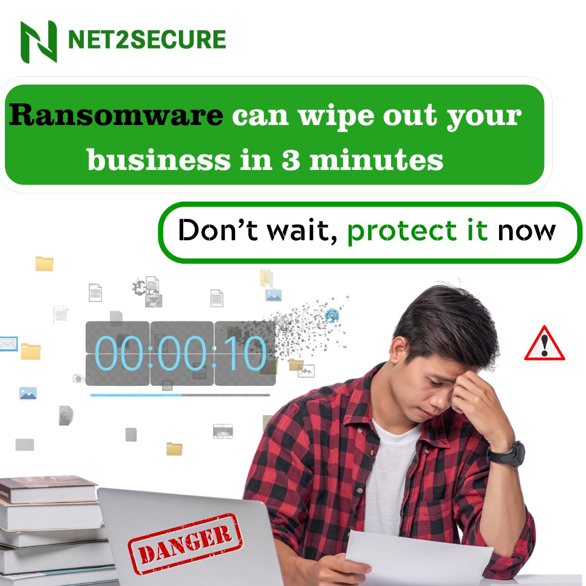 In just 180 seconds, ransomware can lock you out of your entire business

Net2Secure keeps you online, backed up, and secure no matter what.
To know more:net2secure.com
Contact us now: 
📞9953046498
#DataBackup #CyberAwareness  #SecureBusiness #CloudBackup #cloudstorage