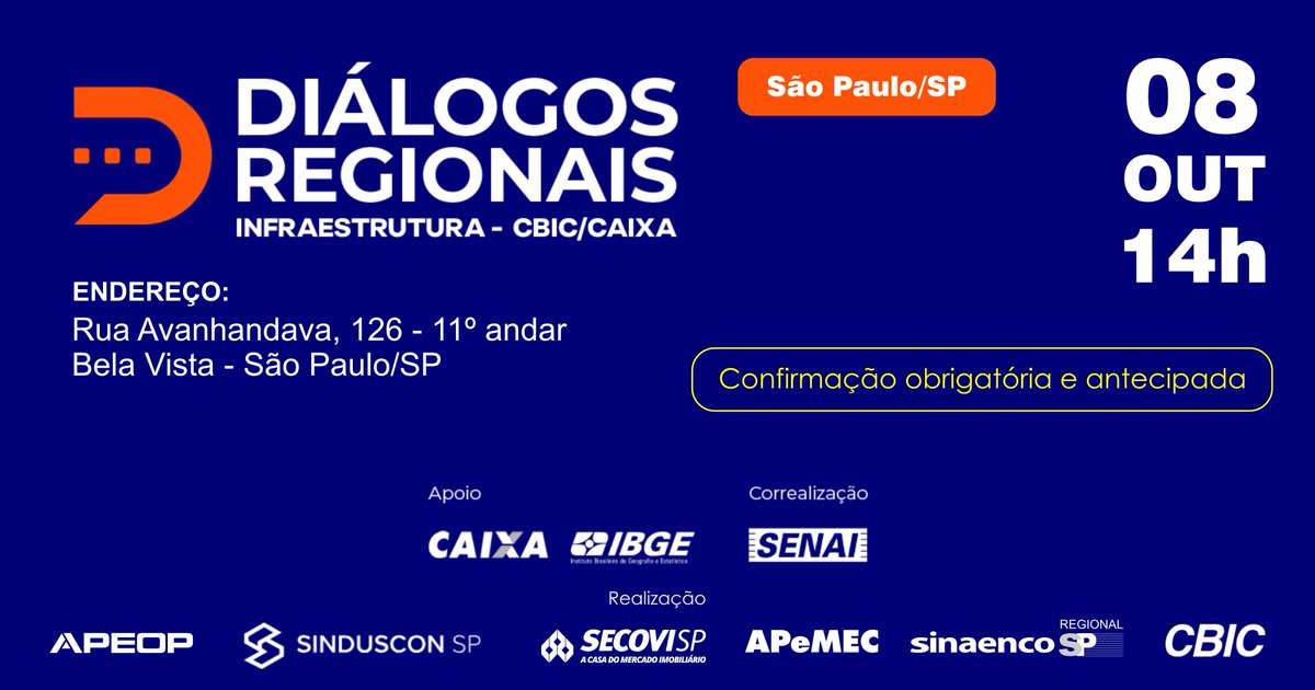 Diálogos Regionais Infraestrutura - CBIC/CAIXA

SP sediará, dia 08/10/25, às 14h, na sede da Apeop, a 8º edição do Diálogos Regionais CBIC/Caixa Infraestrutura.

Evento gratuito.

Confirmação obrigatória e antecipada através do link: forms.gle/xDAuzYEBnVfJic…