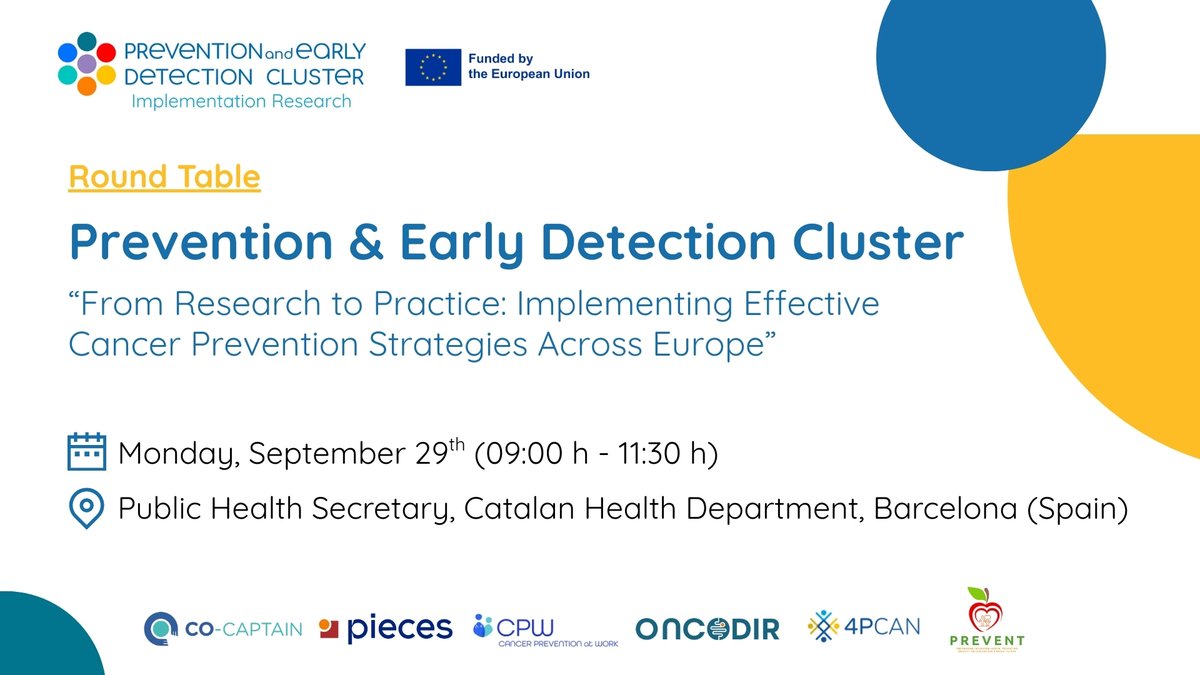 Pieces_Project's tweet image. 🎯 Join us to explore how six European projects are advancing #cancer prevention through Implementation Science!

📅 Monday, 29 September

🕘 09:00–11:30 (CET)

📍 Public Health Secretary, Barcelona

🔗 Register here: forms.office.com/e/GNhhChrWHk